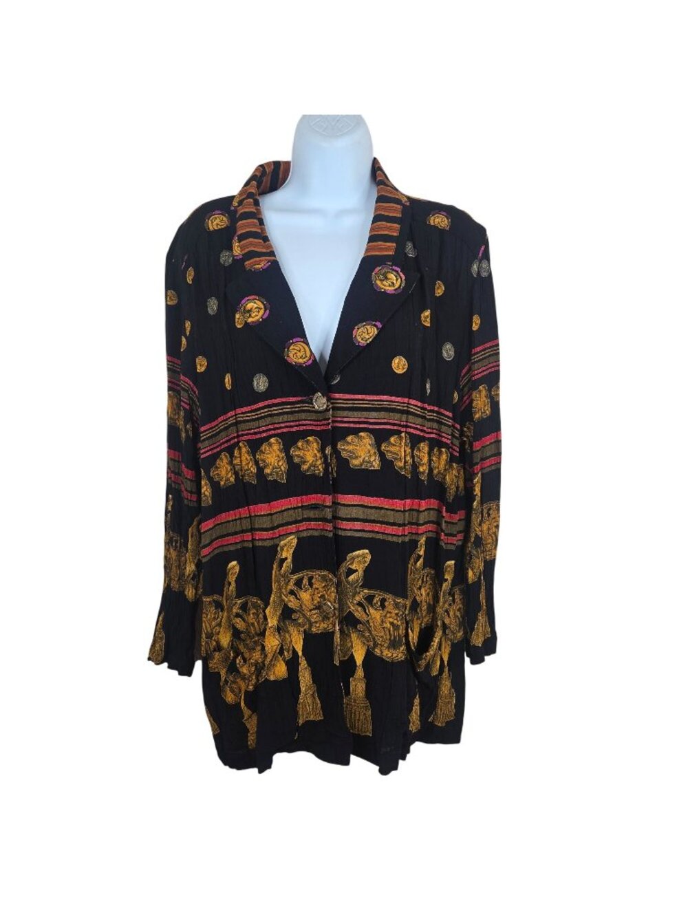 Vintage 90s Black Long Blazer Jacket M Animal Lion Print Crinkle Rayon Black Gol